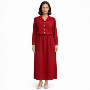 Pussers West Indies Silk Set Red Long Sleeve Button Up Top Midi Skirt XL